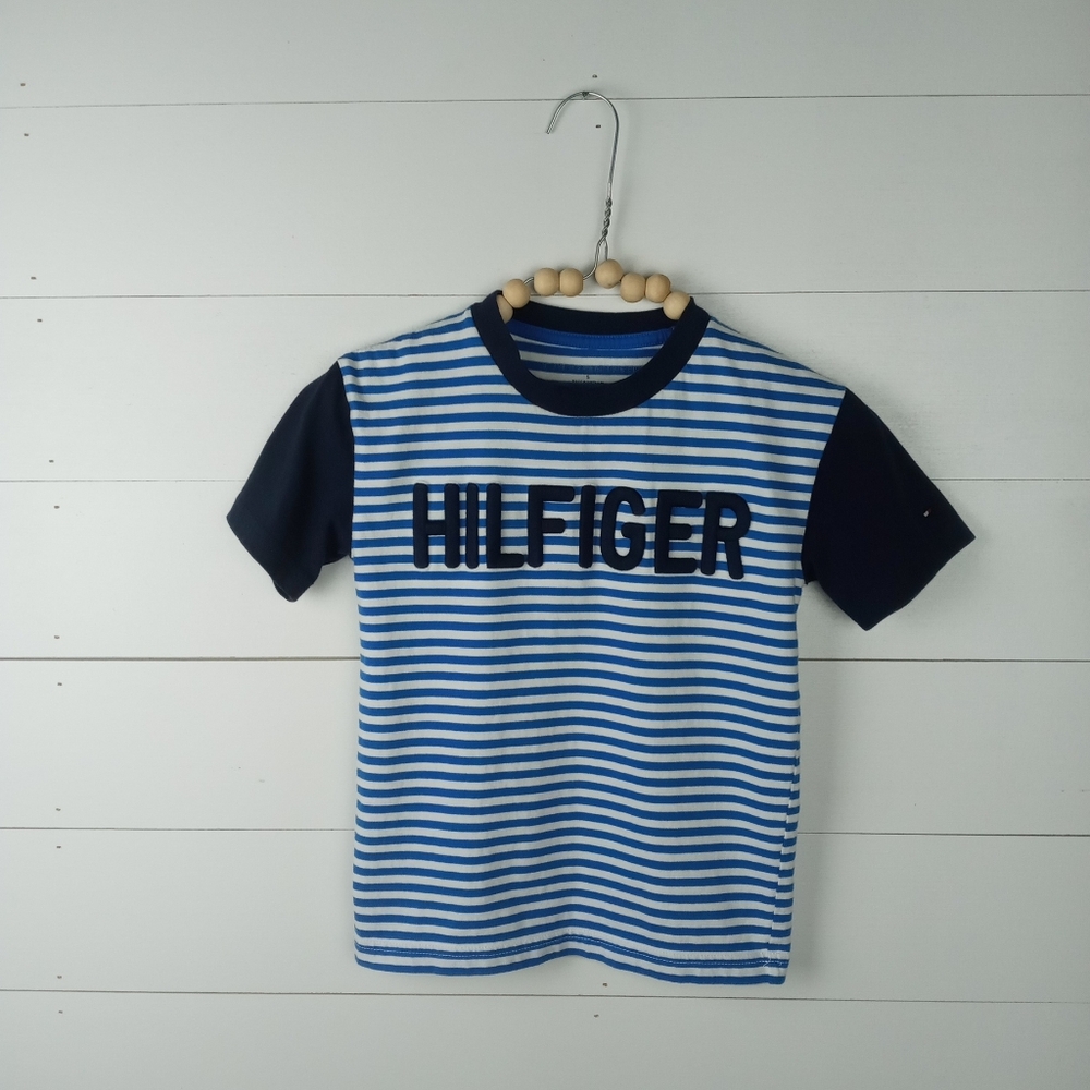 Tommy Hilfiger boys size 5 royal blue white striped, raised stitched letter logo